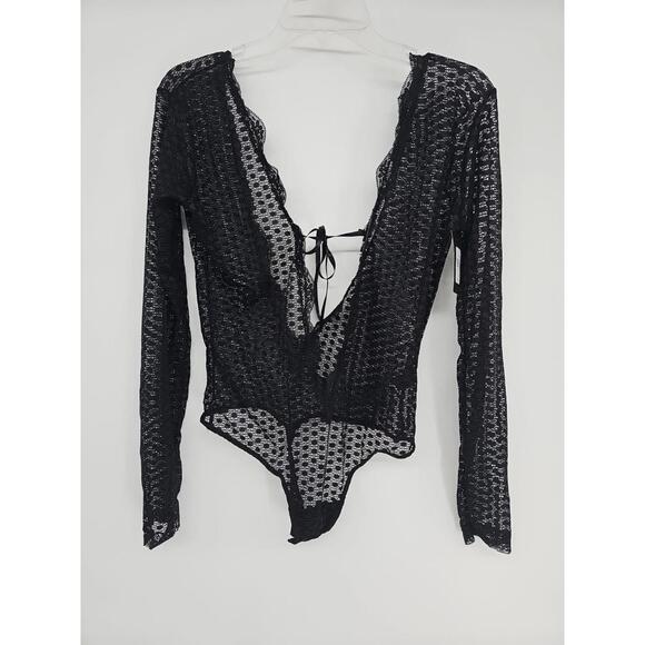 Frederick's of Hollywood Sheer Lace Bodysuit Large Black Deep V Tie Front NWT - Picture 1 of 7
